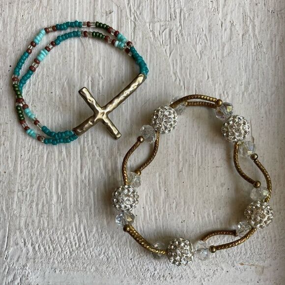GOLD, beads and crystals stretchy bracelet duo set‎ - Picture 1 of 8